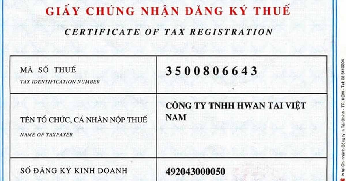 mẫu mã số thuế doanh nghiệp